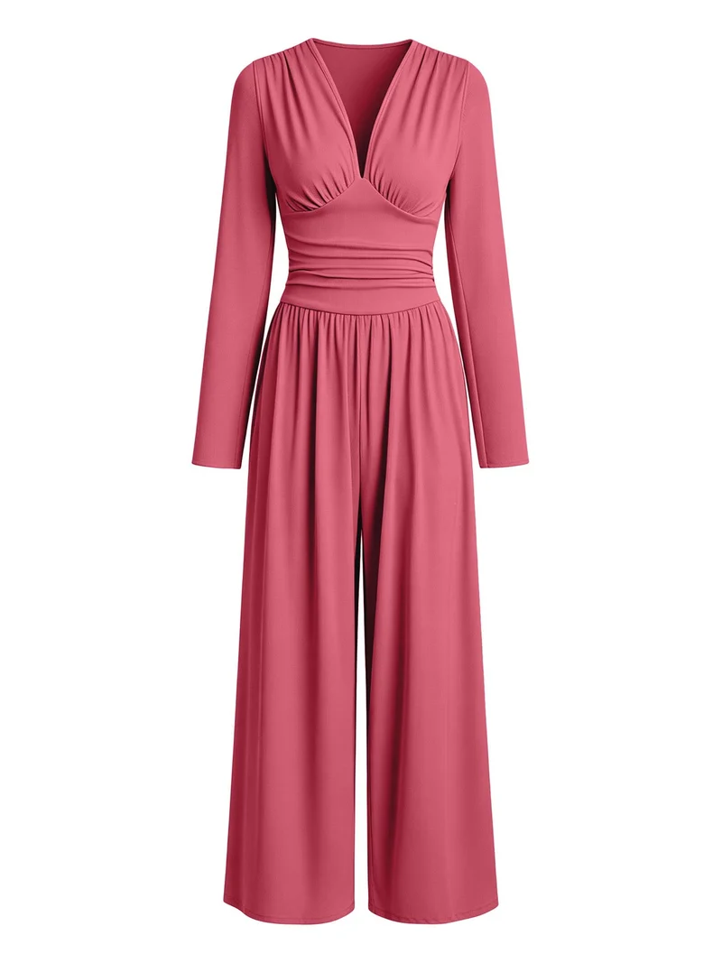Damen Eleganter V‑Ausschnitt Jumpsuit mit tailliertem Wickelbund und weitem Hosenbein Nord Taschen