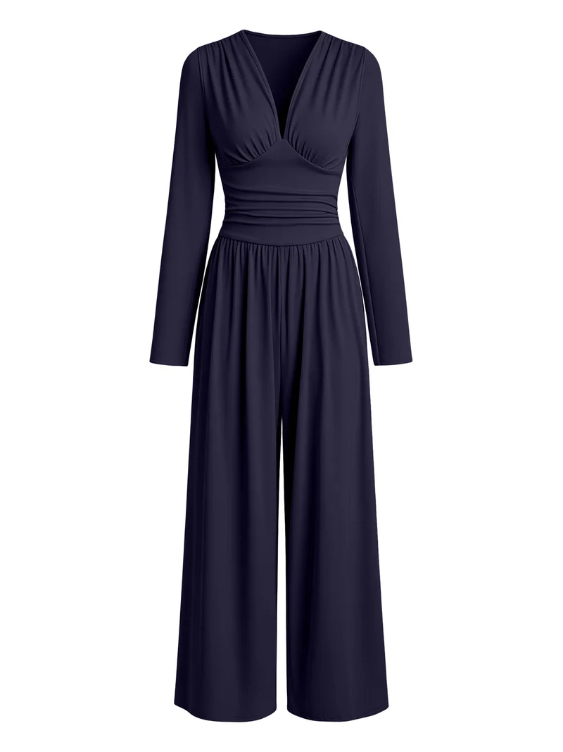 Damen Eleganter V‑Ausschnitt Jumpsuit mit tailliertem Wickelbund und weitem Hosenbein Nord Taschen