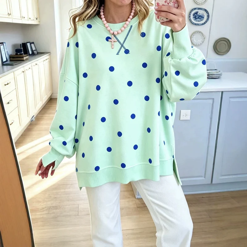 Damen Oversize-Sweatshirt mit Puffärmeln, Polka-Dots und Seitenschlitzen Nord Taschen