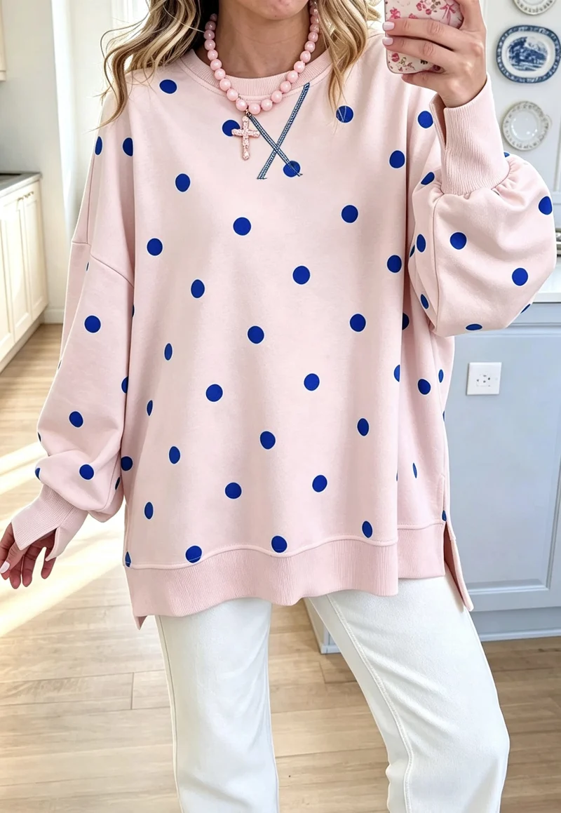Damen Oversize-Sweatshirt mit Puffärmeln, Polka-Dots und Seitenschlitzen Nord Taschen