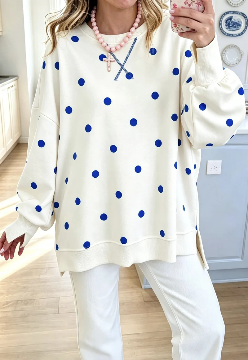 Damen Oversize-Sweatshirt mit Puffärmeln, Polka-Dots und Seitenschlitzen Nord Taschen