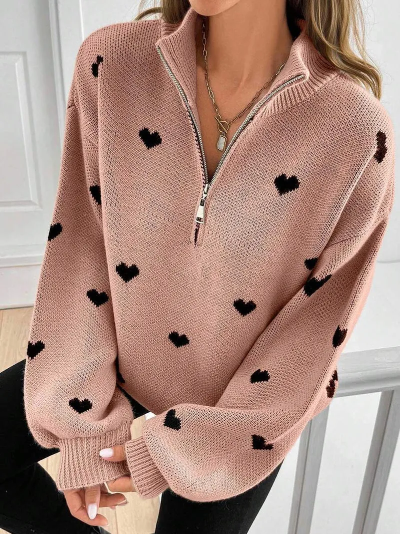 Damen Oversize Strickpullover mit Half-Zip und Herzmotiv Nord Taschen