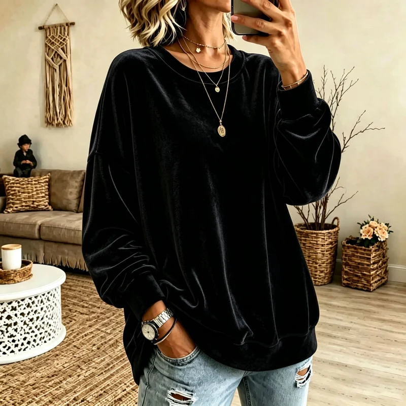 Damen Oversize-Samtpullover mit weitem Schnitt und geripptem Saum Nord Taschen