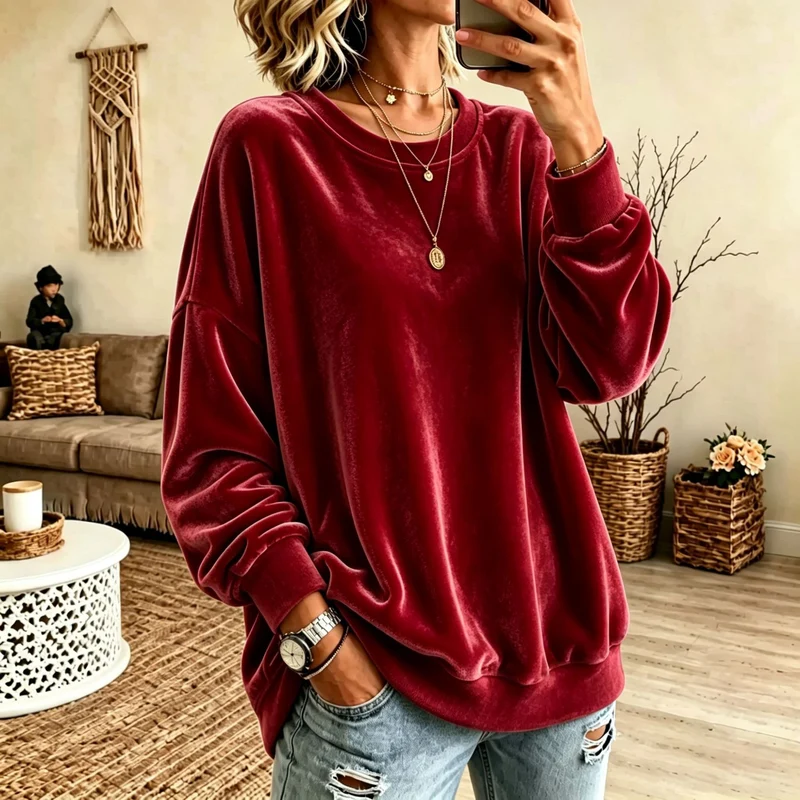 Damen Oversize-Samtpullover mit weitem Schnitt und geripptem Saum Nord Taschen