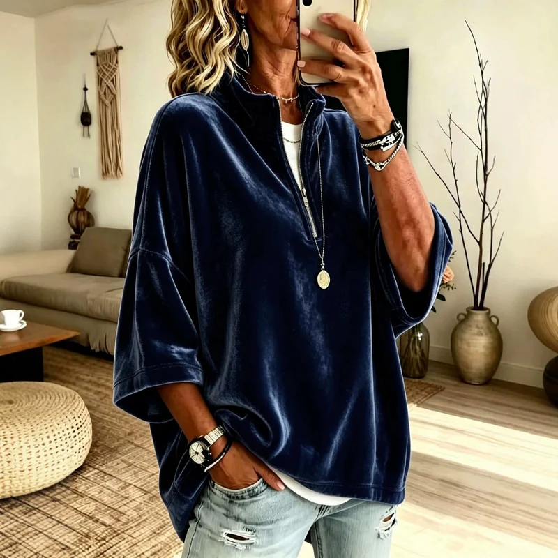 Damen Oversize Samt-Pullover mit kurzem Reißverschluss und Stehkragen Nord Taschen