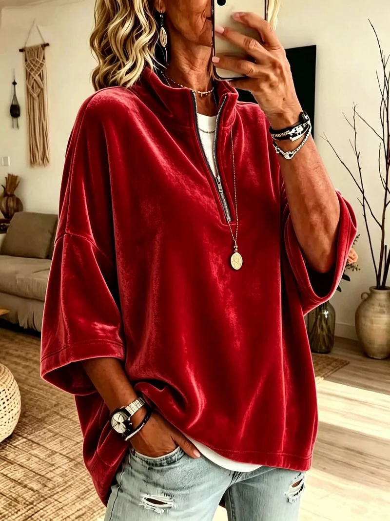 Damen Oversize Samt-Pullover mit kurzem Reißverschluss und Stehkragen Nord Taschen