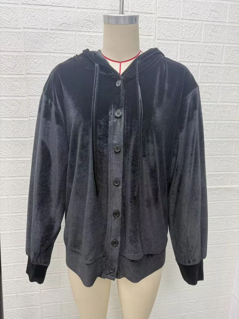 Damen Oversize Samt-Kapuzenjacke mit elastischem Saum und weiten Ärmeln Nord Taschen
