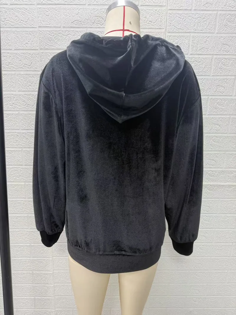 Damen Oversize Samt-Kapuzenjacke mit elastischem Saum und weiten Ärmeln Nord Taschen