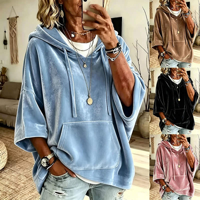 Damen Oversize Samt-Hoodie mit halblangen Ärmeln und Kängurutasche Nord Taschen