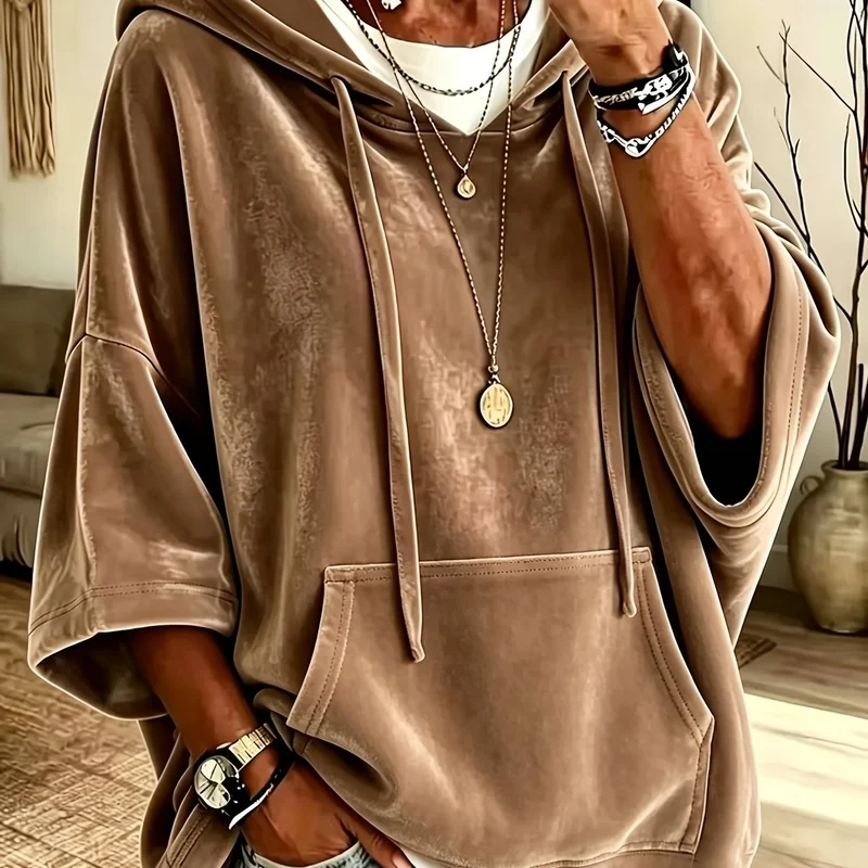 Damen Oversize Samt-Hoodie mit halblangen Ärmeln und Kängurutasche Nord Taschen