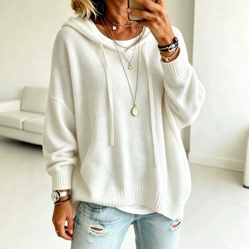 Damen Oversize-Kapuzensweater aus feinem Strick mit gerippten Bündchen Nord Taschen