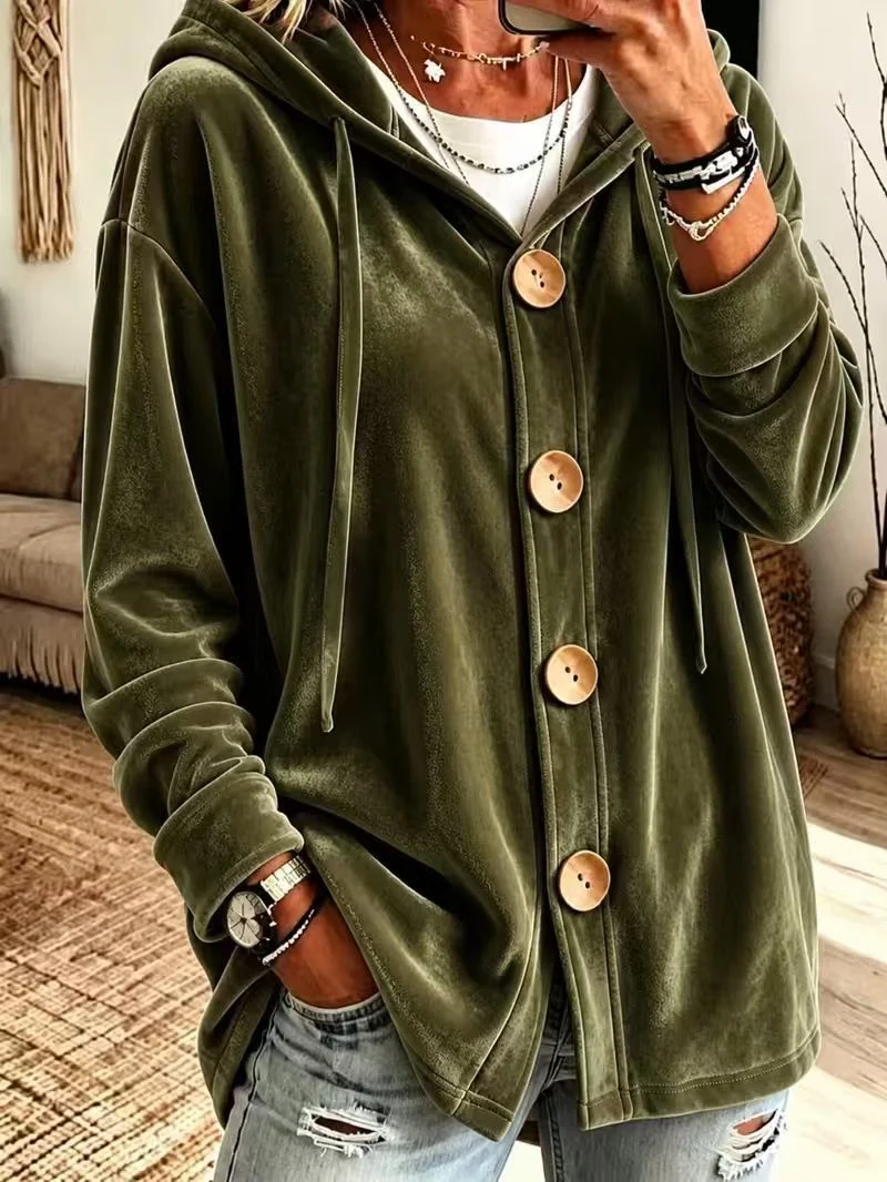 Damen Oversize Kapuzen-Samtjacke mit großen Holzknöpfen und weichem Veloursfutter Nord Taschen