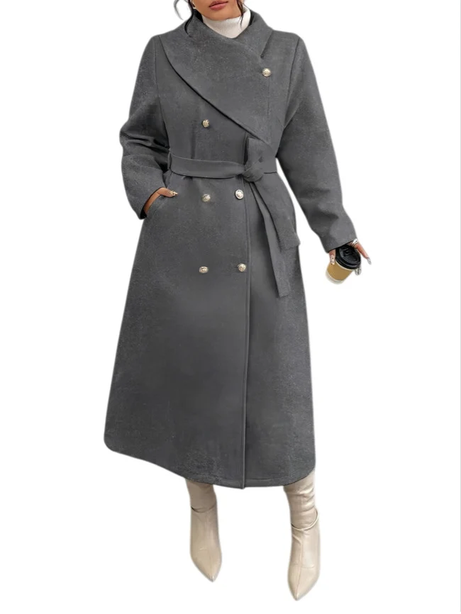 Damen Doppelreihiger Wollmix-Mantel mit weitem Schalkragen und Bindegürtel Nord Taschen