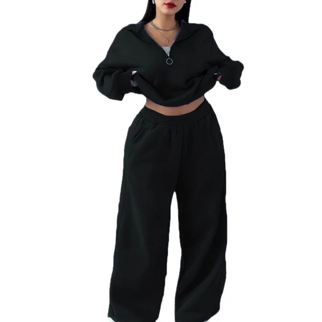Damen Cropped Oversize-Sweatshirt mit halbem Reißverschluss und weite High-Waist Jogginghose Set Nord Taschen