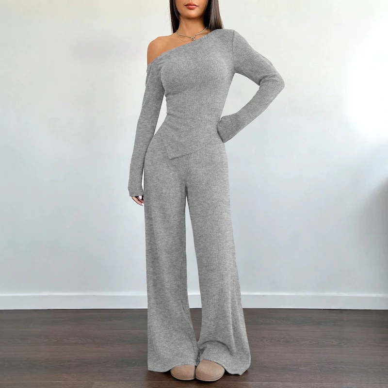 Damen Asymmetrisches Strick-Lounge-Set mit One-Shoulder-Oberteil und weitem Bein Nord Taschen