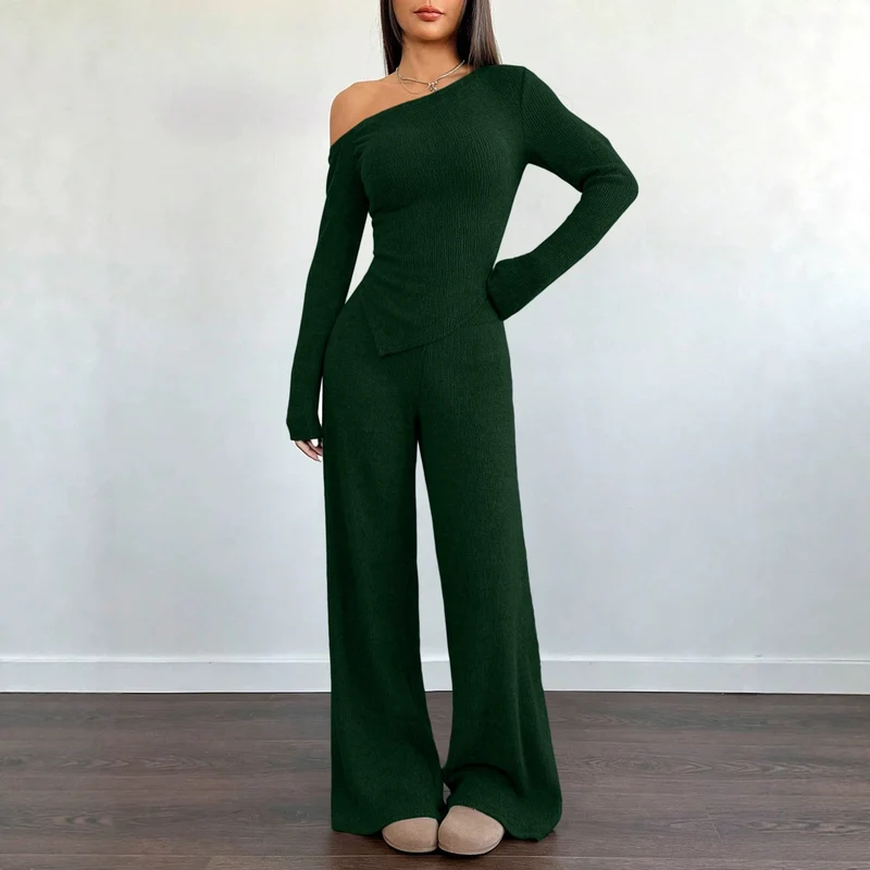 Damen Asymmetrisches Strick-Lounge-Set mit One-Shoulder-Oberteil und weitem Bein Nord Taschen