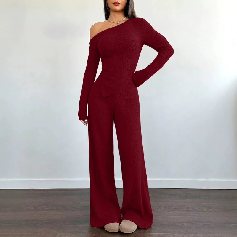 Damen Asymmetrisches Strick-Lounge-Set mit One-Shoulder-Oberteil und weitem Bein Nord Taschen