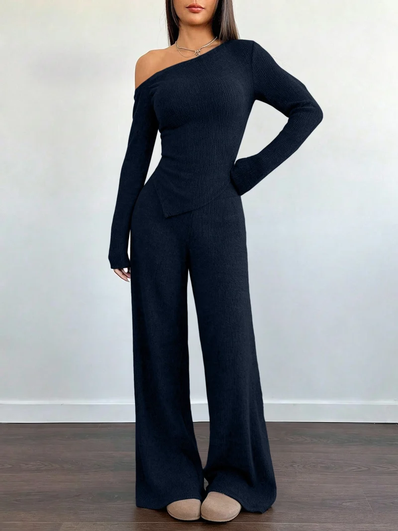 Damen Asymmetrisches Strick-Lounge-Set mit One-Shoulder-Oberteil und weitem Bein Nord Taschen