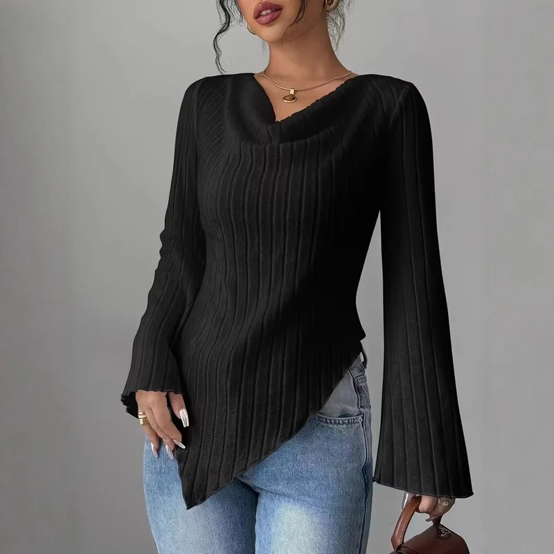 Damen Asymmetrischer Gerippter Feinstrickpullover mit V-Ausschnitt Nord Taschen
