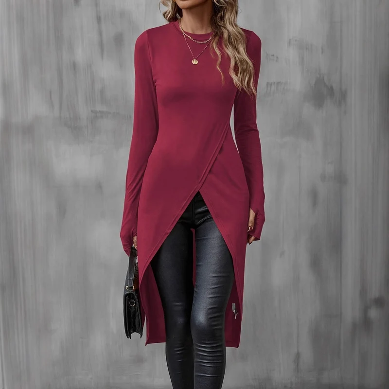 Damen Asymmetrische Langarm-Tunika mit Wickel-Saum Nord Taschen