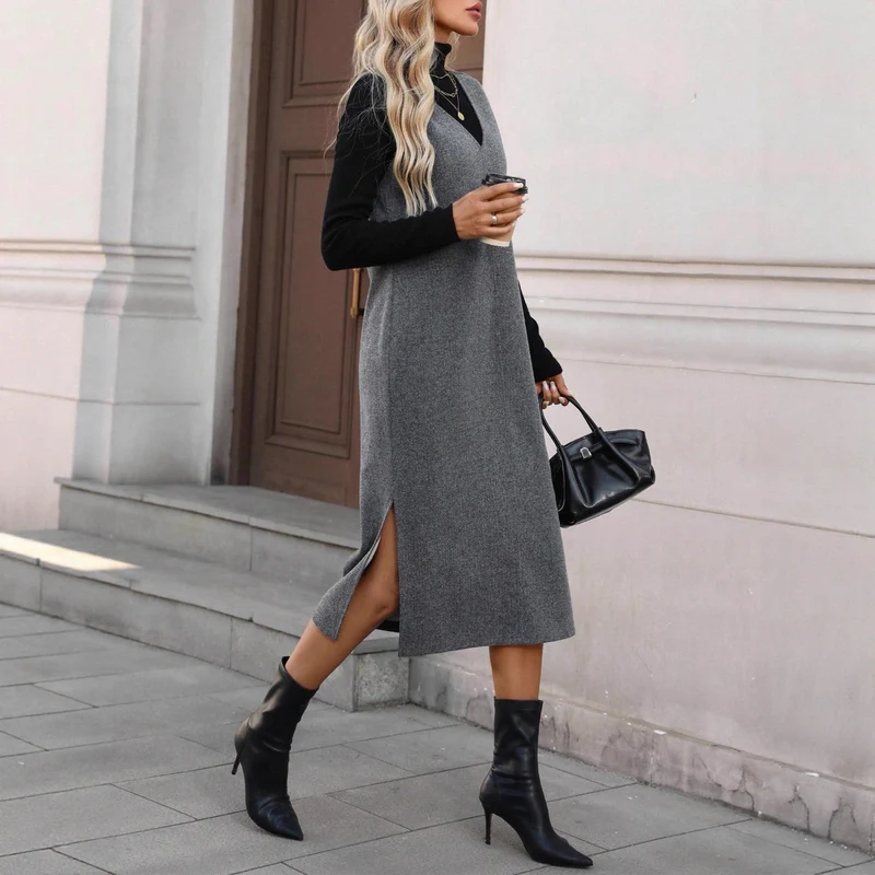 Damen Ärmelloses Wollmix-Midikleid mit tiefem V‑Ausschnitt und geradem Schnitt Nord Taschen