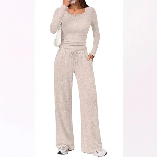 Damen Zweiteiliges Feinstrick-Lounge-Set mit Henley-Top und Palazzo-Hose Nord Taschen