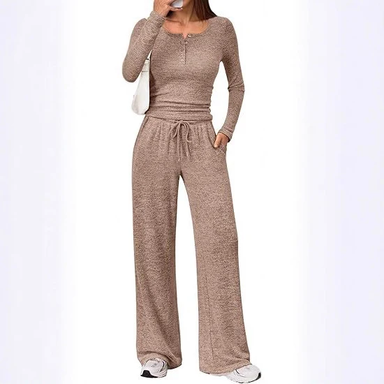 Damen Zweiteiliges Feinstrick-Lounge-Set mit Henley-Top und Palazzo-Hose Nord Taschen
