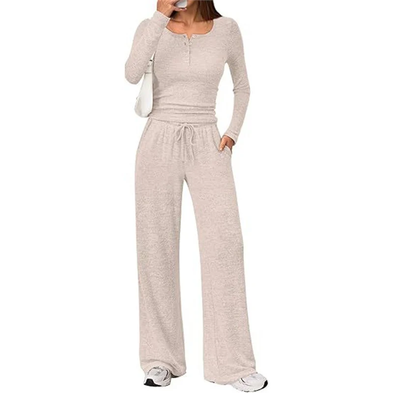 Damen Zweiteiliges Feinstrick-Lounge-Set mit Henley-Top und Palazzo-Hose Nord Taschen