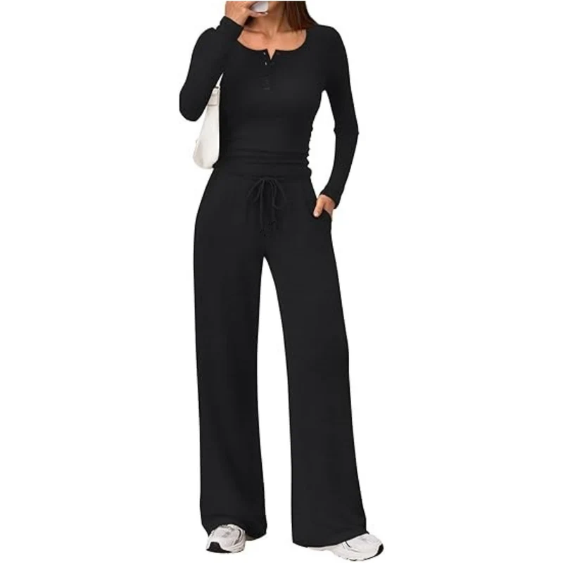 Damen Zweiteiliges Feinstrick-Lounge-Set mit Henley-Top und Palazzo-Hose Nord Taschen