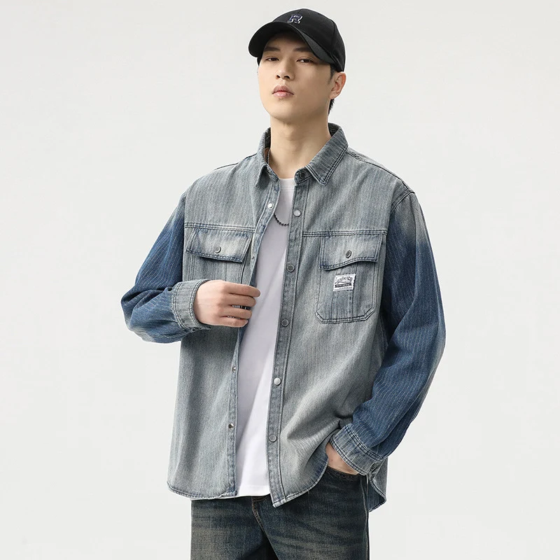 Herren Overshirt aus Denim mit Kontrastärmeln und leichter Used-Waschung Nord Taschen