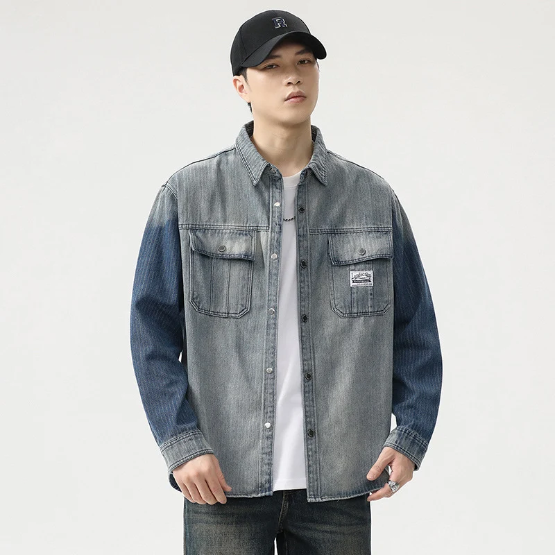 Herren Overshirt aus Denim mit Kontrastärmeln und leichter Used-Waschung Nord Taschen