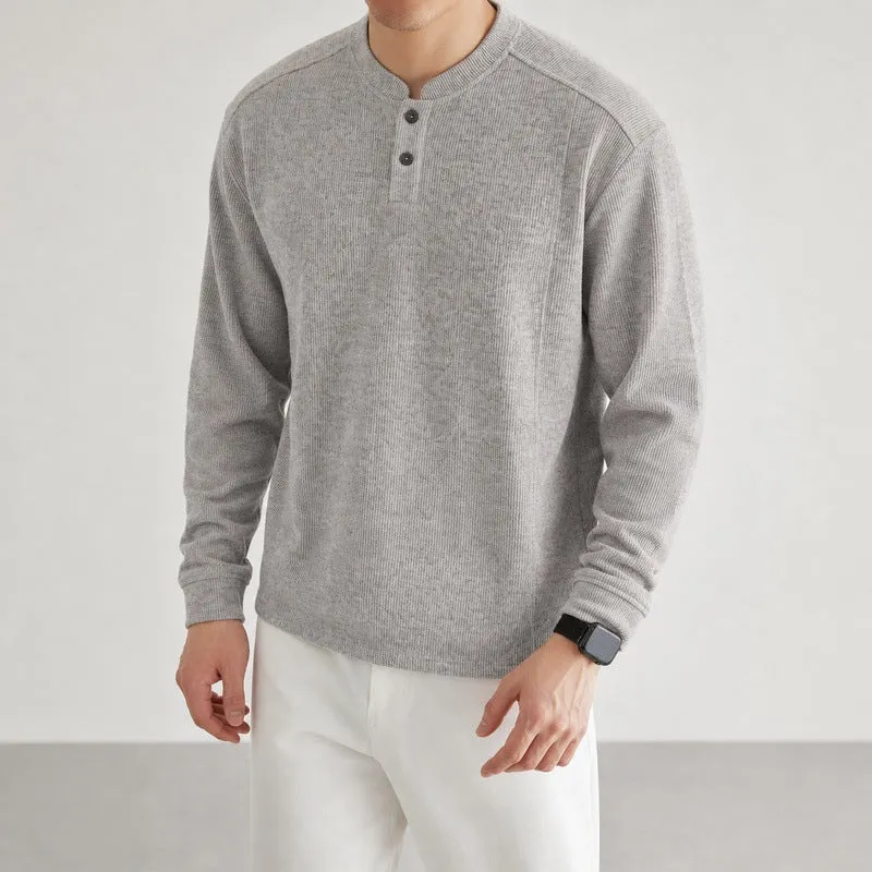 Herren Langarm Waffelstrick-Henley-Pullover mit Knopfleiste Nord Taschen