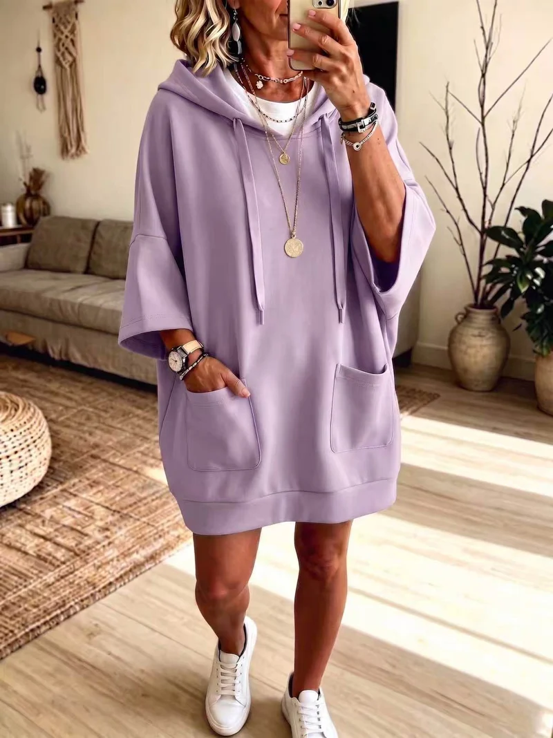 Damen Oversize Hoodie-Kleid mit Kängurutaschen und halblangen Ärmeln Nord Taschen