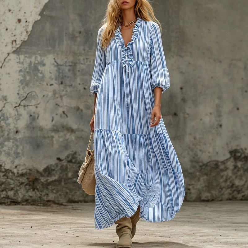Damen Maxikleid mit Rüschen-V-Ausschnitt und Ballonärmeln Nord Taschen