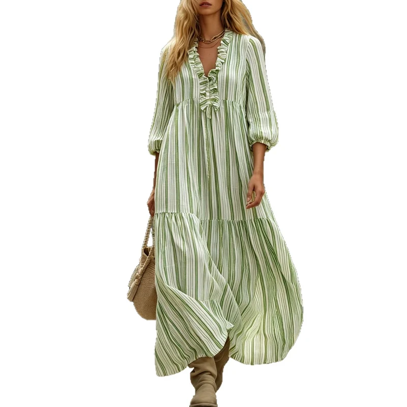 Damen Maxikleid mit Rüschen-V-Ausschnitt und Ballonärmeln Nord Taschen