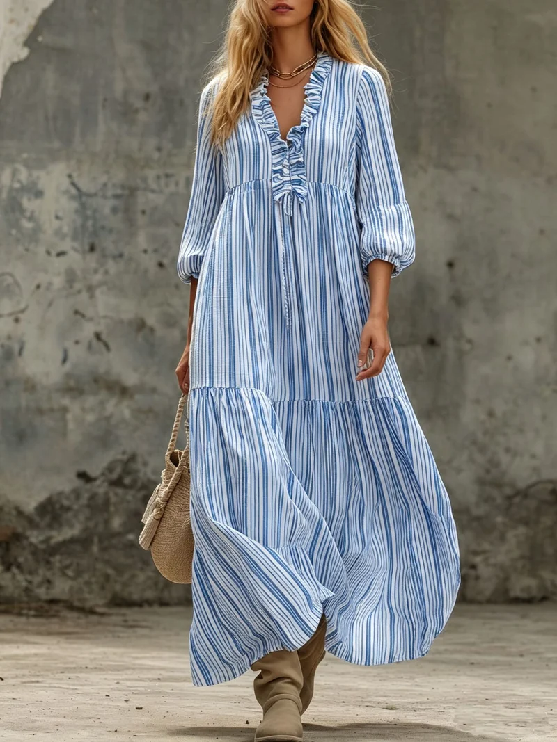 Damen Maxikleid mit Rüschen-V-Ausschnitt und Ballonärmeln Nord Taschen