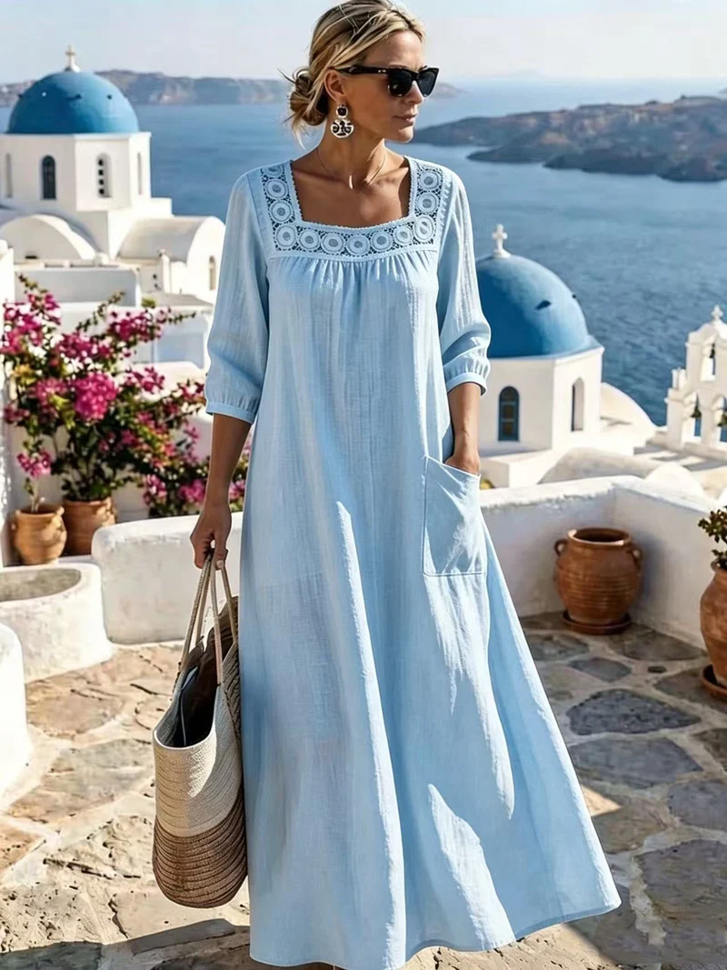 Damen Maxikleid mit gehäkeltem Quadrat-Ausschnitt, dreiviertel Ärmeln und Eingrifftasche Nord Taschen