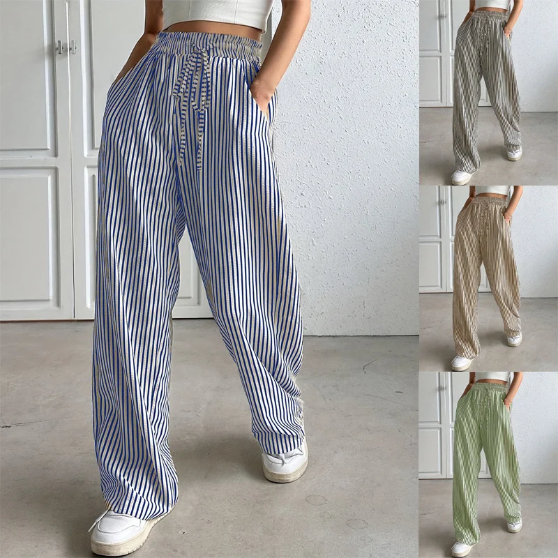 Damen Marlene-Streifenhose aus Leinenmix mit weitem Bein, Elastikbund und Kordelzug Nord Taschen