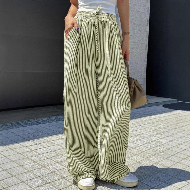 Damen Marlene-Streifenhose aus Leinenmix mit weitem Bein, Elastikbund und Kordelzug Nord Taschen