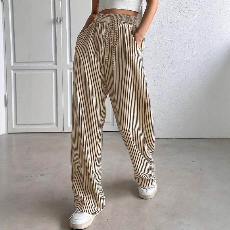 Damen Marlene-Streifenhose aus Leinenmix mit weitem Bein, Elastikbund und Kordelzug Nord Taschen