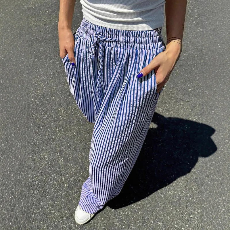 Damen Marlene-Streifenhose aus Leinenmix mit weitem Bein, Elastikbund und Kordelzug Nord Taschen