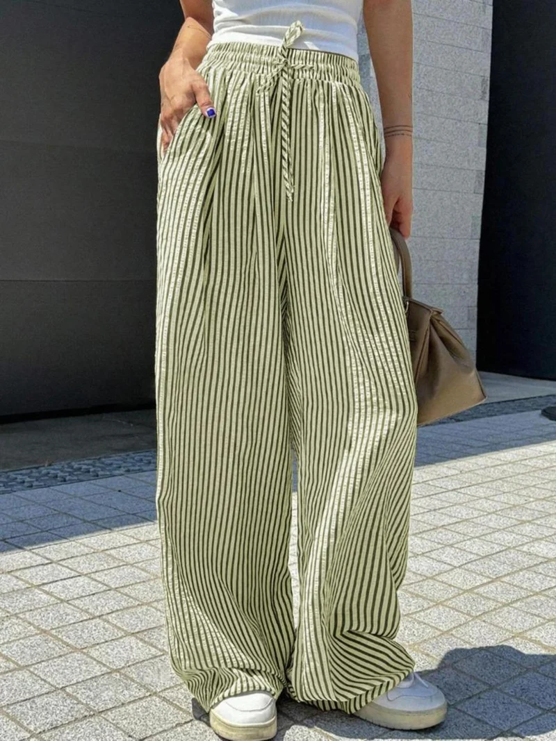 Damen Marlene-Streifenhose aus Leinenmix mit weitem Bein, Elastikbund und Kordelzug Nord Taschen