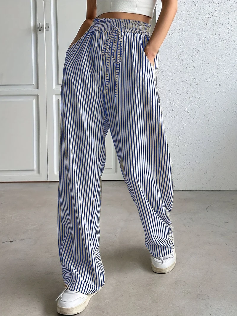 Damen Marlene-Streifenhose aus Leinenmix mit weitem Bein, Elastikbund und Kordelzug Nord Taschen
