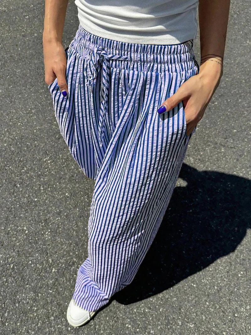Damen Marlene-Streifenhose aus Leinenmix mit weitem Bein, Elastikbund und Kordelzug Nord Taschen