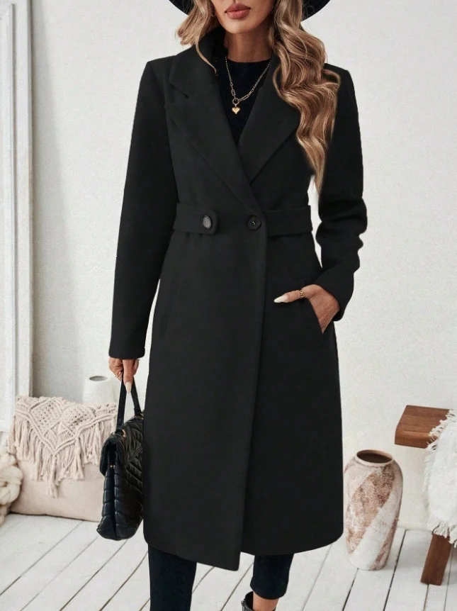 Damen Longline-Mantel mit Reverskragen und Pattentaschen-Detail Nord Taschen