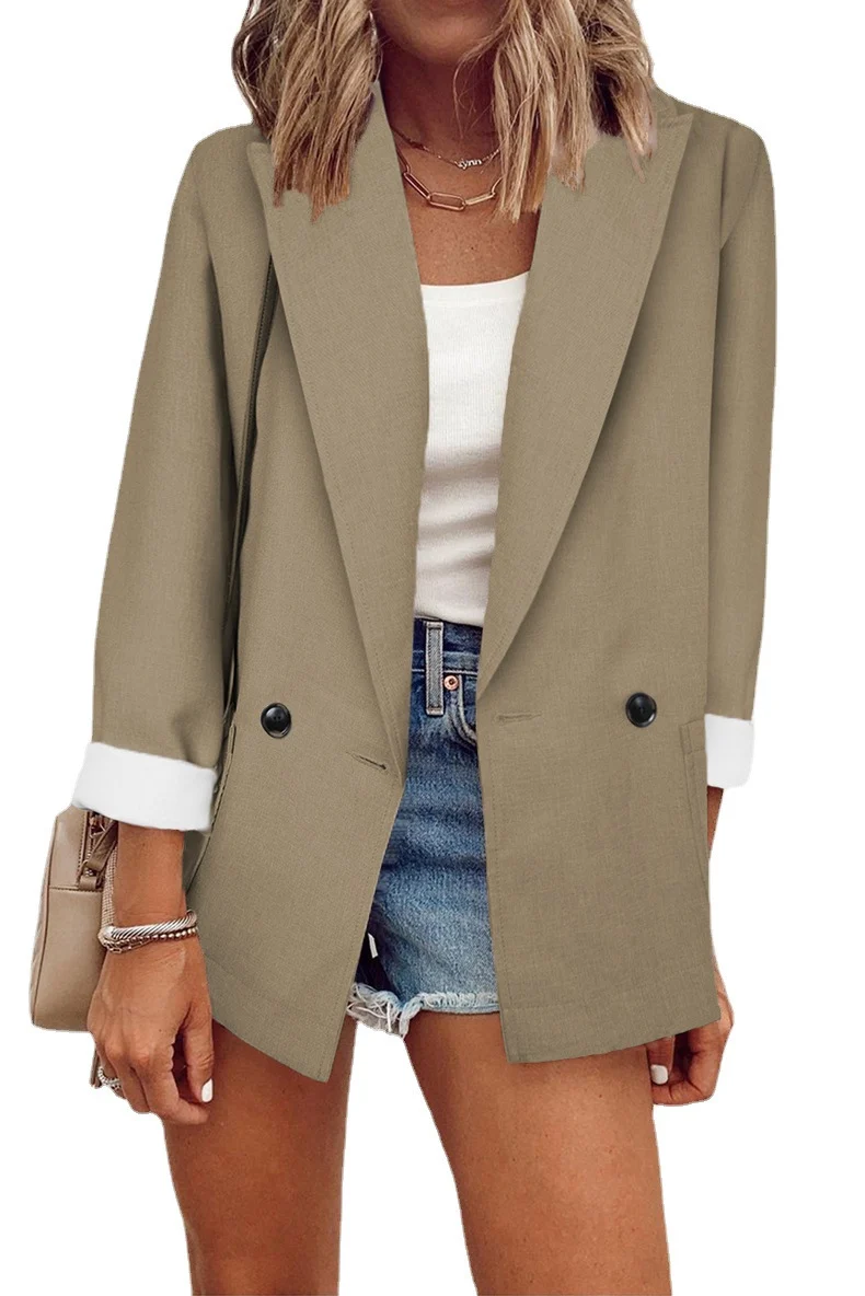 Damen Lockerer Longline-Blazer mit aufgekrempelten Ärmeln und zweireihiger Knopfleiste Nord Taschen