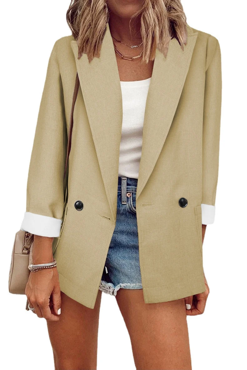 Damen Lockerer Longline-Blazer mit aufgekrempelten Ärmeln und zweireihiger Knopfleiste Nord Taschen