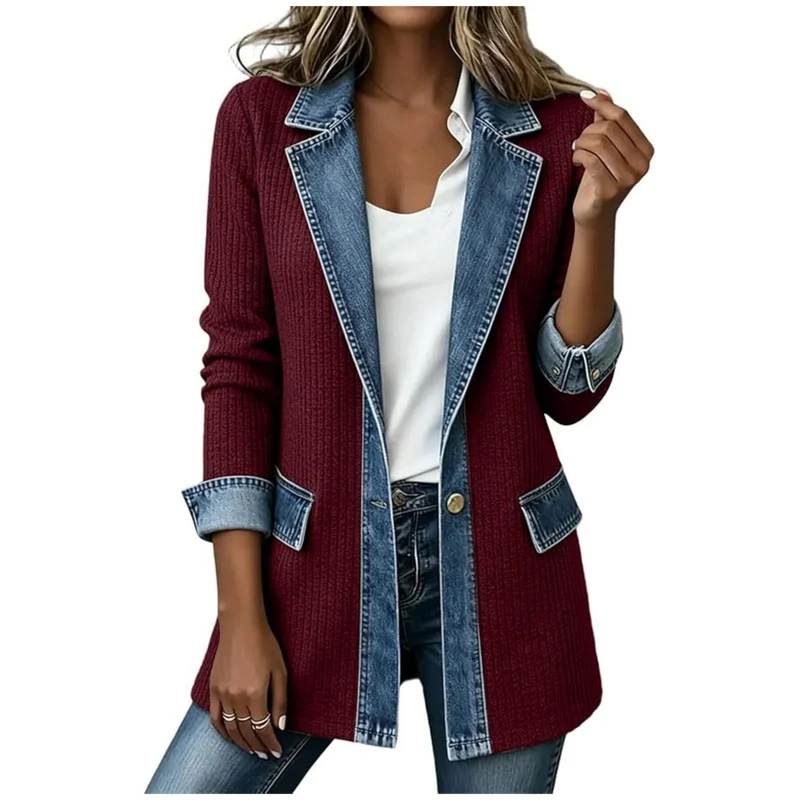 Damen Strickblazer mit Jeansbesatz und Reverskragen Nord Taschen