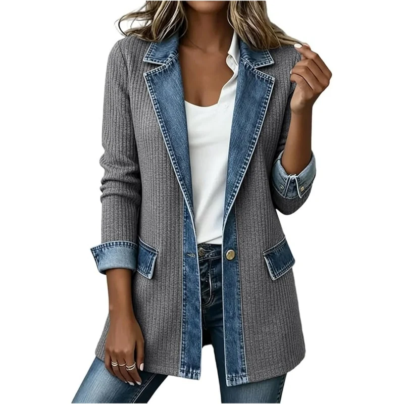 Damen Strickblazer mit Jeansbesatz und Reverskragen Nord Taschen