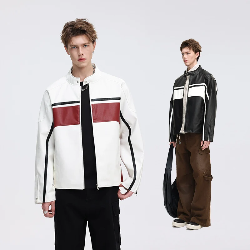 Herren Kontrast-Kunstleder-Bikerjacke mit Stehkragen und Zip-Ärmeln Nord Taschen